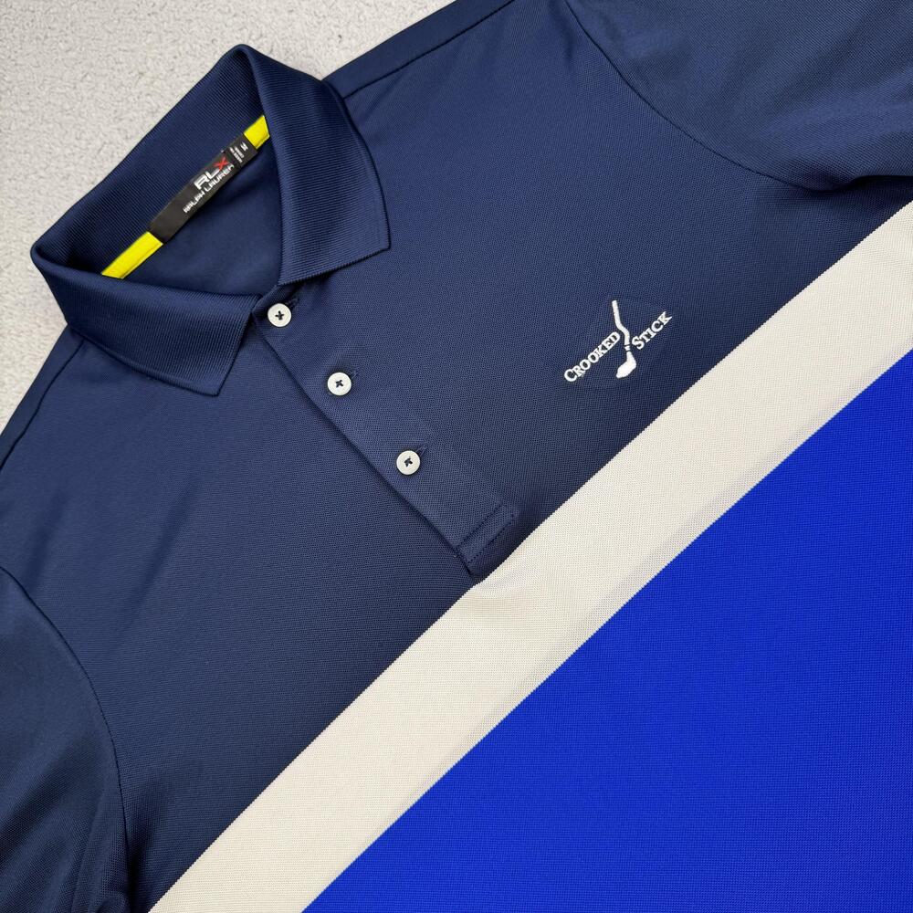 RLX Ralph Lauren Polo Shirt Mens Medium Navy Blue Colorblock Crooked Stick Golf